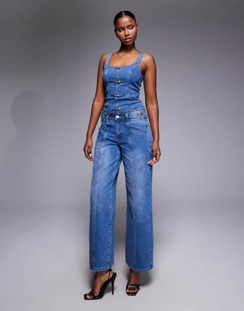 Liquor N Poker denim corset & jeans set with buckle detail in true blue - view 1