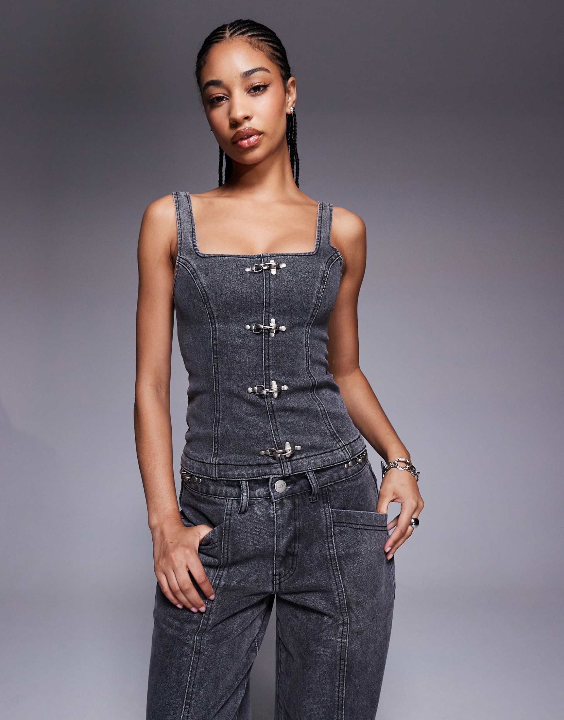 liquor n poker denim corset with buckle detail in washed black - part of a set