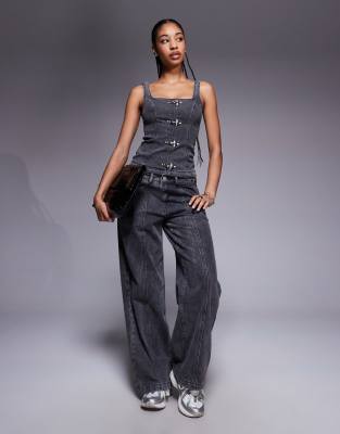 Liquor N Poker Denim Corset With Buckle Detail In Black