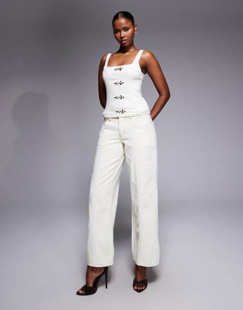 Liquor N Poker denim corset with buckle detail set in ecru - view 1