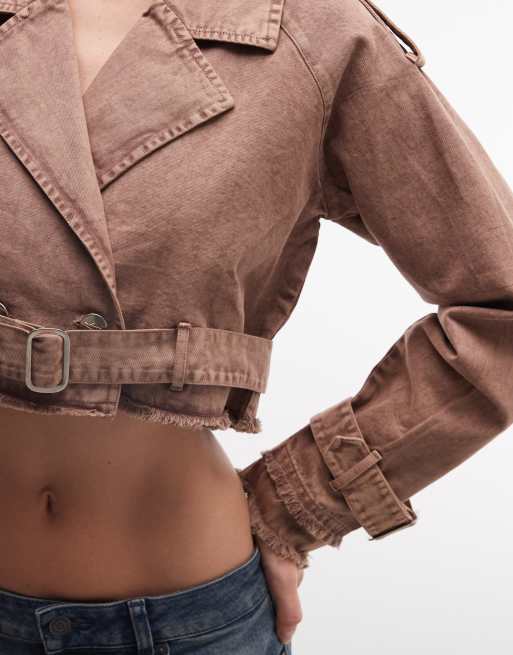 Liquor N Poker denim crop biker jacket with belt buckle detail in dark washed beige, 2 of 4