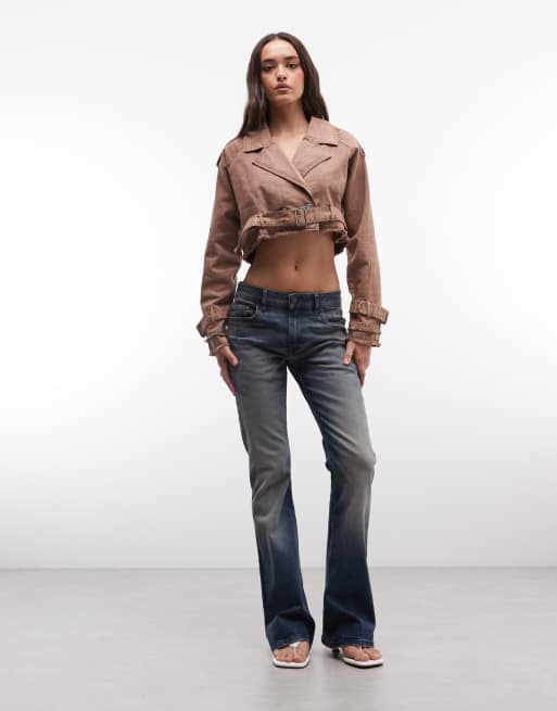 Liquor N Poker denim crop biker jacket with belt buckle detail in dark washed beige, 3 of 4