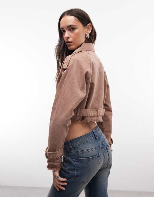 Liquor N Poker denim crop biker jacket with belt buckle detail in dark washed beige, 4 of 4