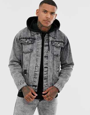 hooded acid wash denim jacket