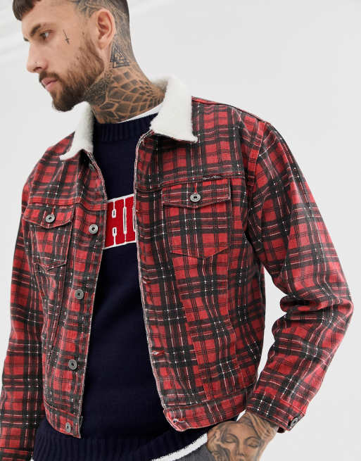 Plaid denim 2025 jacket mens