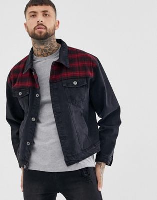 Liquor N Poker denim jacket in washed black with check patches | ASOS