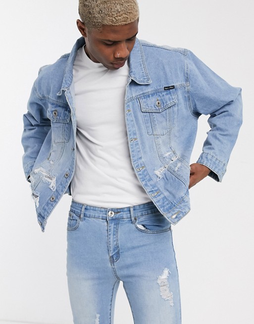 Liquor N Poker denim jacket with check splicing in blue wash
