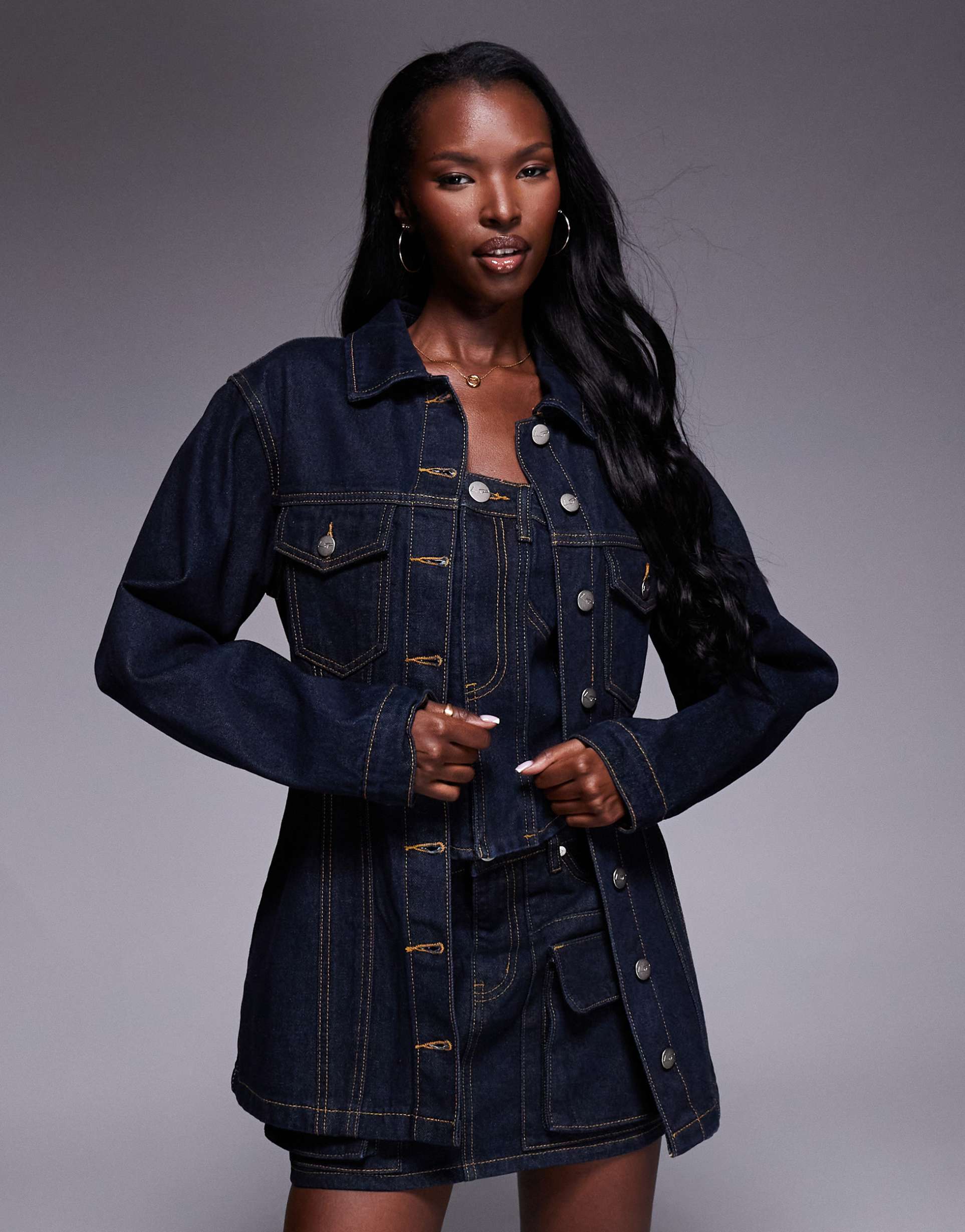 liquor n poker denim jacket with cinch waist in dark wash