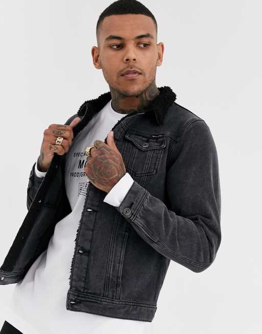 Liquor N Poker denim jacket with fleece collar in black ASOS