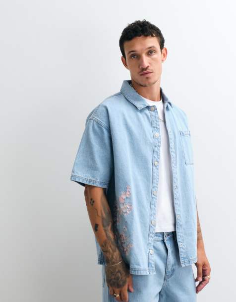 Liquor N Poker denim japanese blossom print shirt in light wash blue (part of a set) - view 1