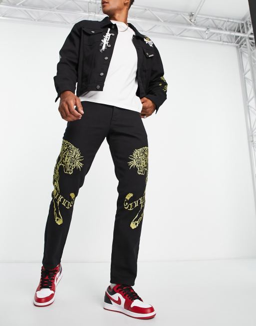 Liquor N Poker – Denim-Jeans in Schwarz mit geradem Bein und Tigerstickerei, Kombiteil