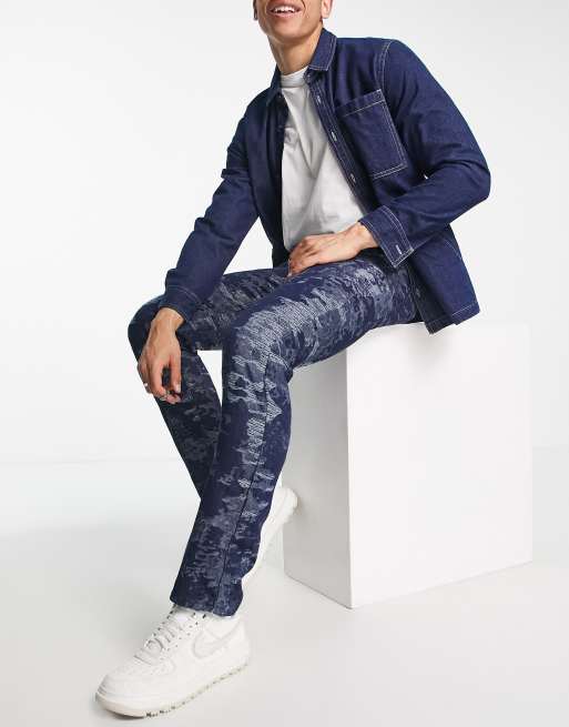 Liquor N Poker - Denim jeans met rechte pijpen en camouflageprint in donkerblauw, deel van co-ord set