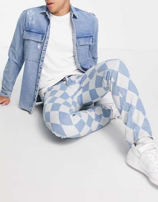 Liquor N Poker - Denim jeans met rechte pijpen en ruitprint in blauw