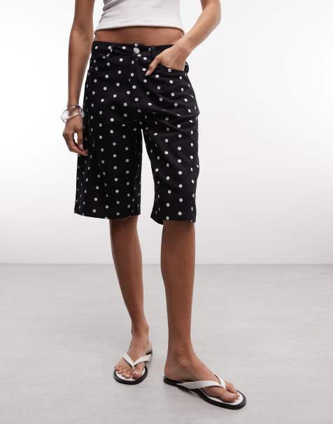 Liquor N Poker denim jorts in black polka dot - view 1
