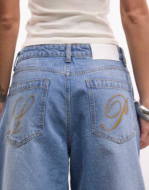 Liquor N Poker denim jorts med perlebesætning i blå vask, 4 af 5