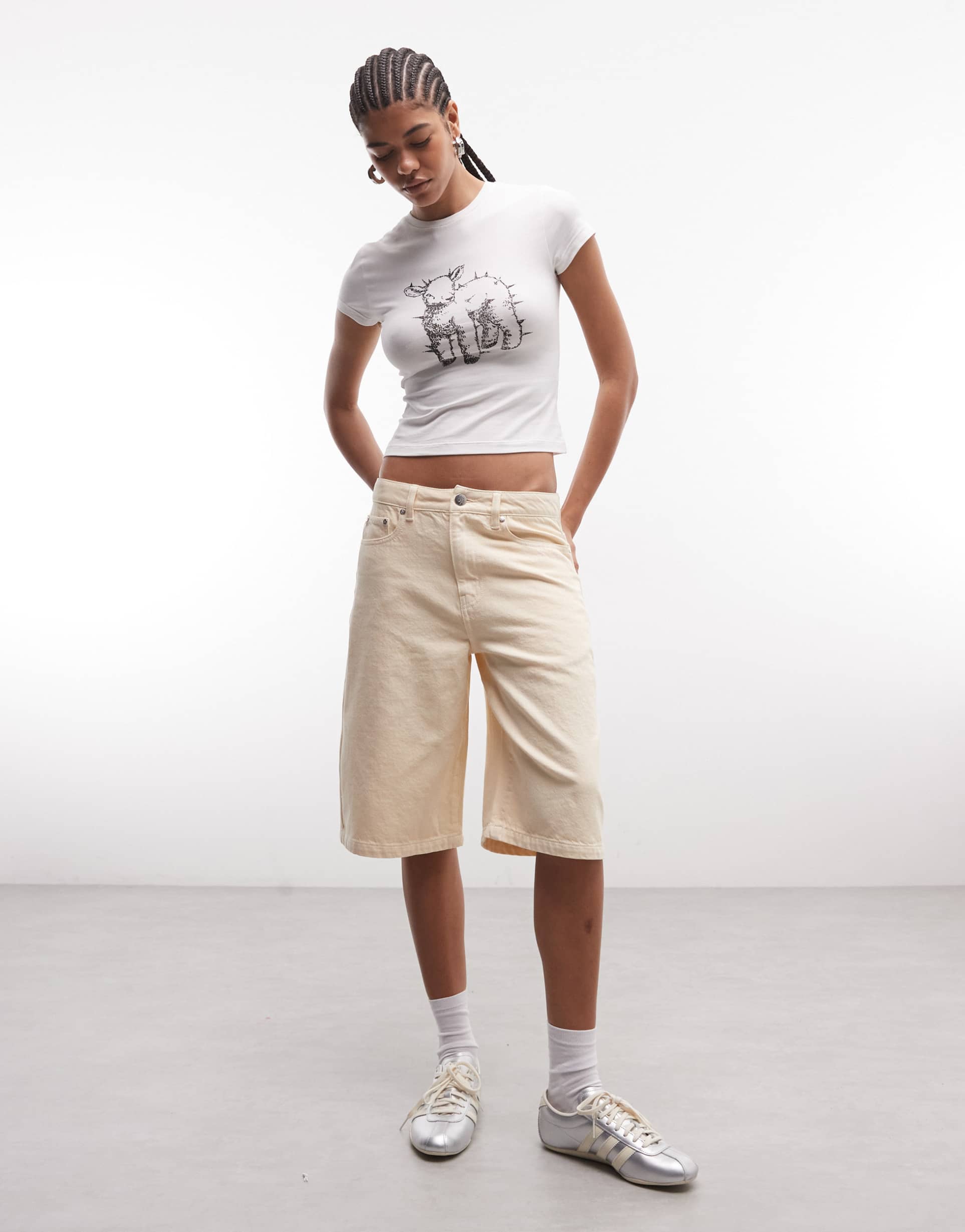 liquor n poker denim jorts with back pocket embroidery in ecru wash