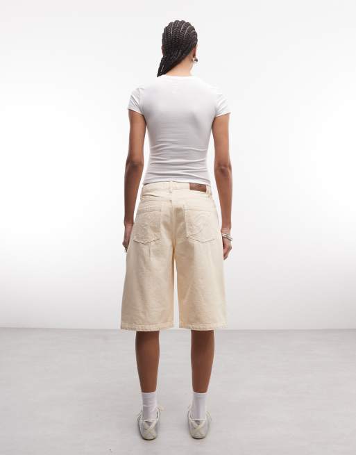 Liquor N Poker denim jorts with back pocket embroidery in ecru wash, 4 of 5