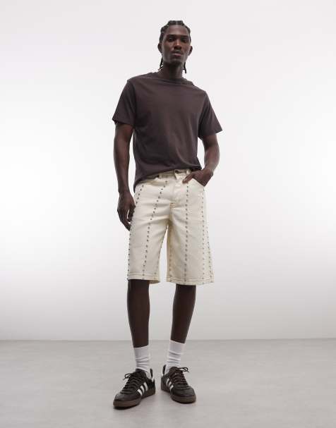 Liquor N Poker denim jorts with total stud detail in ecru wash - view 1