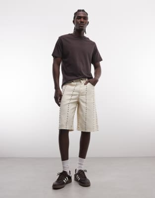 Liquor N Poker Denim Jorts With Total Stud Detail In Neutral