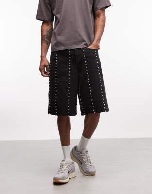 Liquor N Poker Denim Jorts With Total Stud Detailing In Black