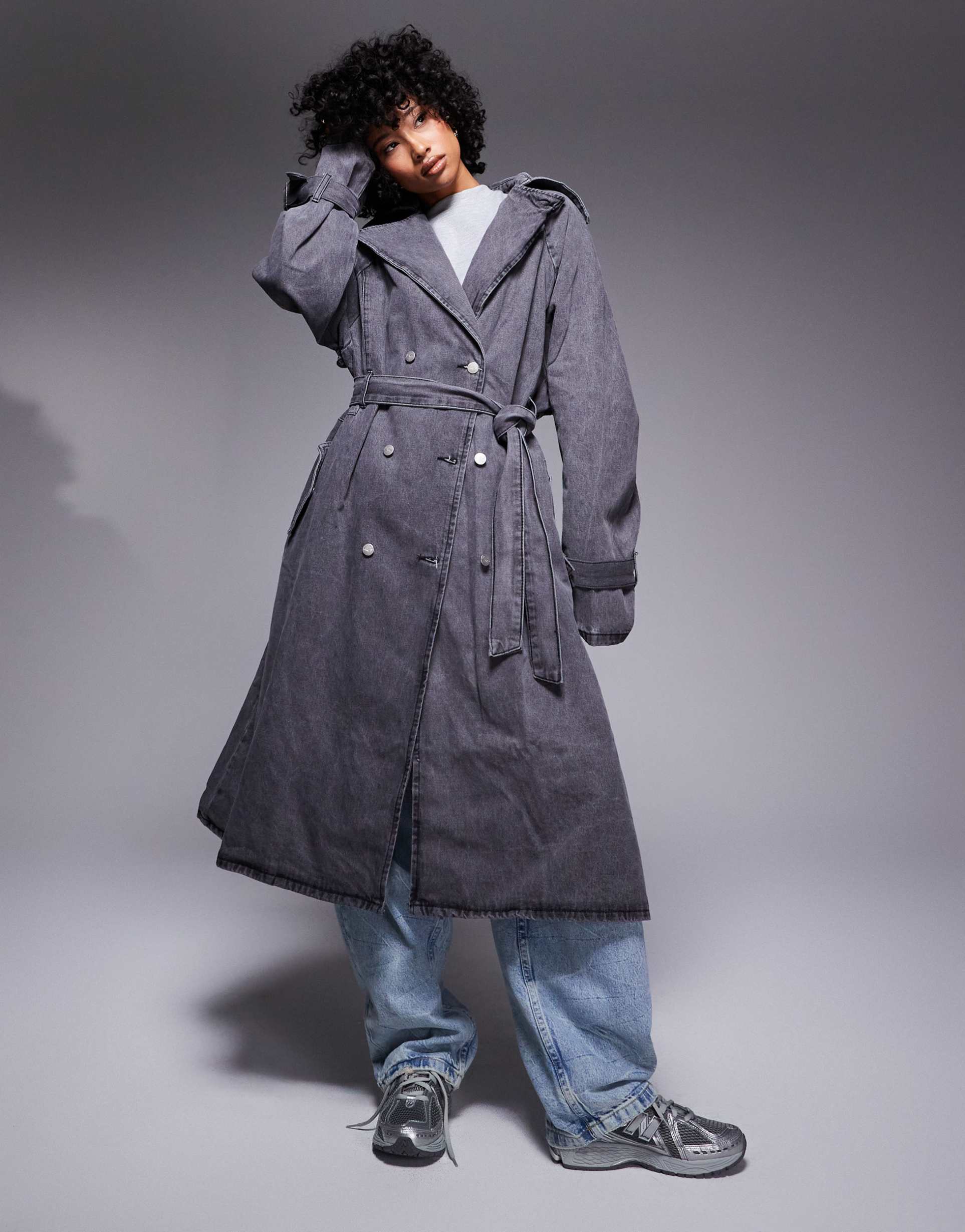 liquor n poker denim maxi trench coat with raw edges in gray