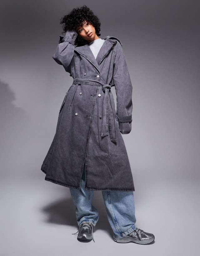 Liquor N Poker denim maxi trench coat with raw edges in gray | ASOS
