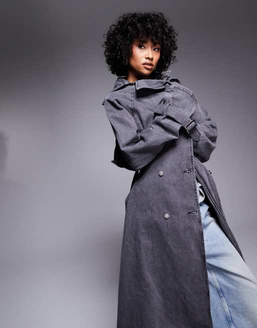 Liquor N Poker Denim Maxi Trench Coat with Raw Edges in Gray
