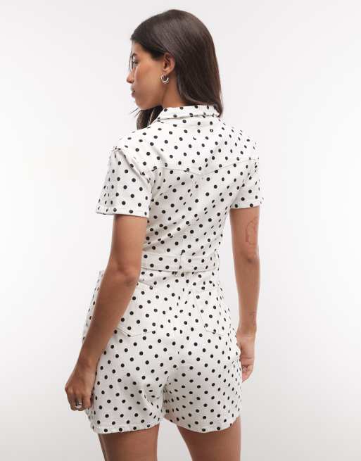 Liquor N Poker denim playsuit med bälte i vit prickig, 4 av 4