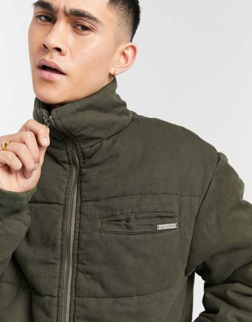 Liquor N Poker denim puffer jacket in dark khaki