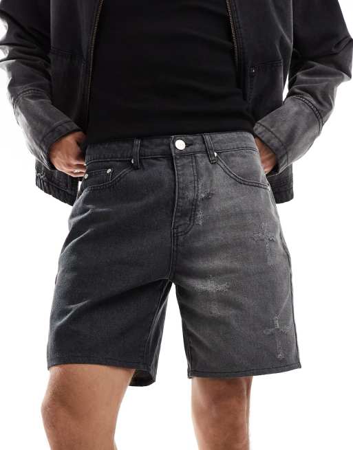 Liquor N Poker - Denim short met distressed kruismotief in zwart met wassing