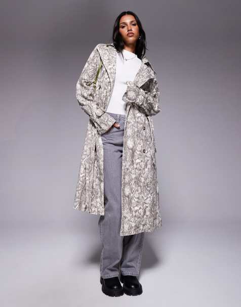 Liquor N Poker denim trench coat in off white snake print - view 1