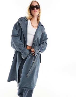 Liquor N Poker denim trench coat with raw edges in blue