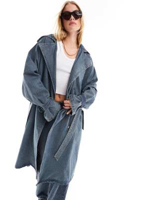 Liquor N Poker Denim Trench Coat With Raw Edges In Light Wash-blue