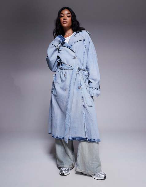 Liquor N Poker denim trench coat with raw edges in light wash - view 1