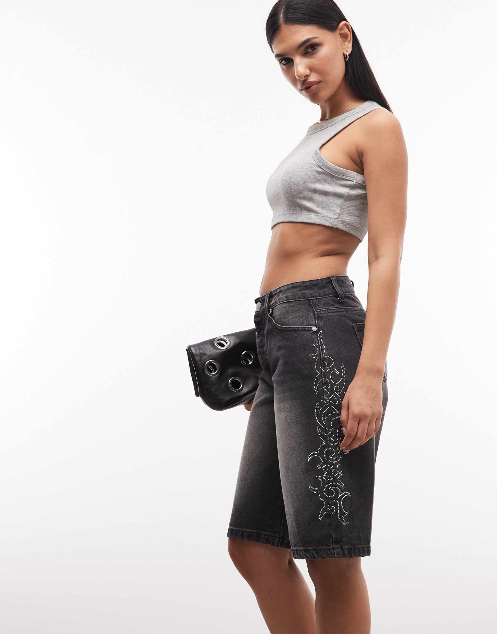 liquor n poker diamante flame jorts in black