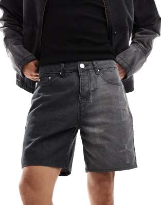 Liquor N Poker Distressed Cross Denim Shorts In Black Wash