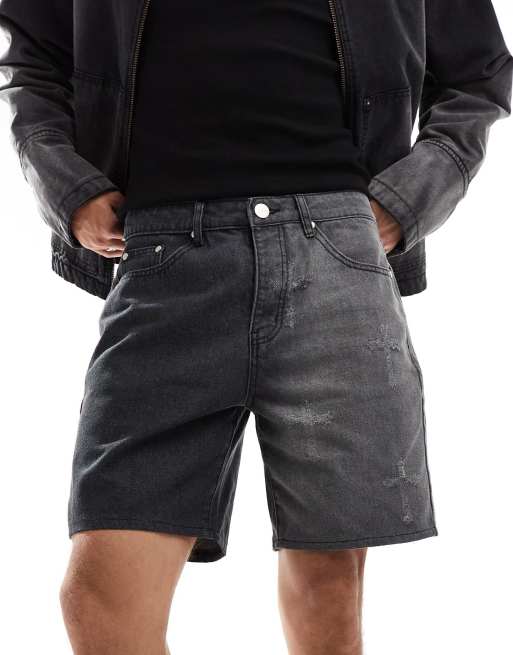 Liquor N Poker distressed cross denim shorts football in black wash