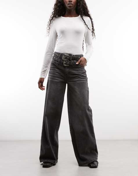 Liquor N Poker double belted straight leg jeans in black - view 1