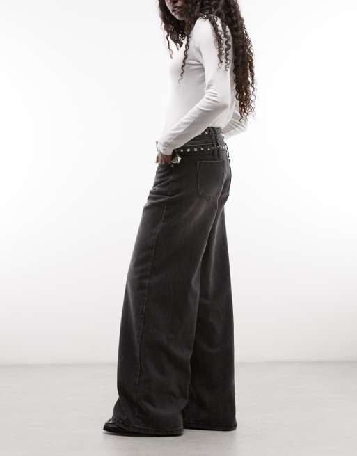 Liquor N Poker double belted straight leg jeans in black, 2 of 5
