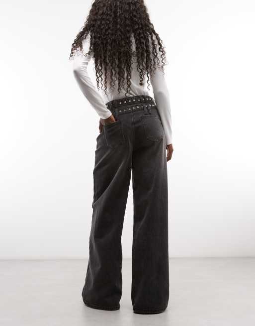 Liquor N Poker double belted straight leg jeans in black, 3 of 5