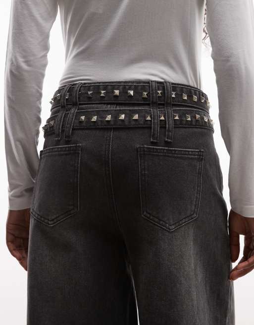 Liquor N Poker double belted straight leg jeans in black, 4 of 5