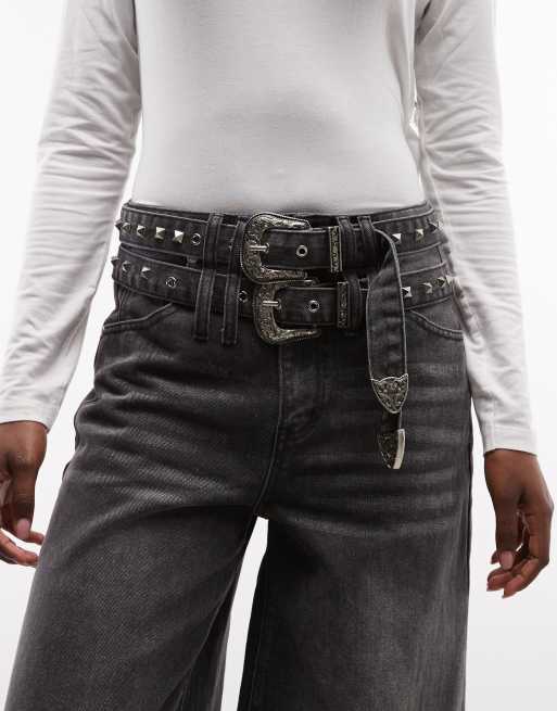 Liquor N Poker double belted straight leg jeans in black, 5 of 5