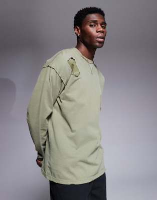 Liquor N Poker Double Layer Long Sleeve Distressed T-shirt In Green