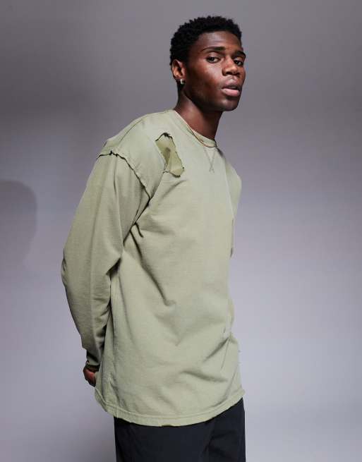 Liquor N Poker double layer long sleeve distressed t-shirt in khaki