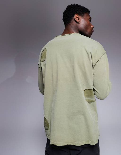 Liquor N Poker double layer long sleeve distressed t-shirt in khaki