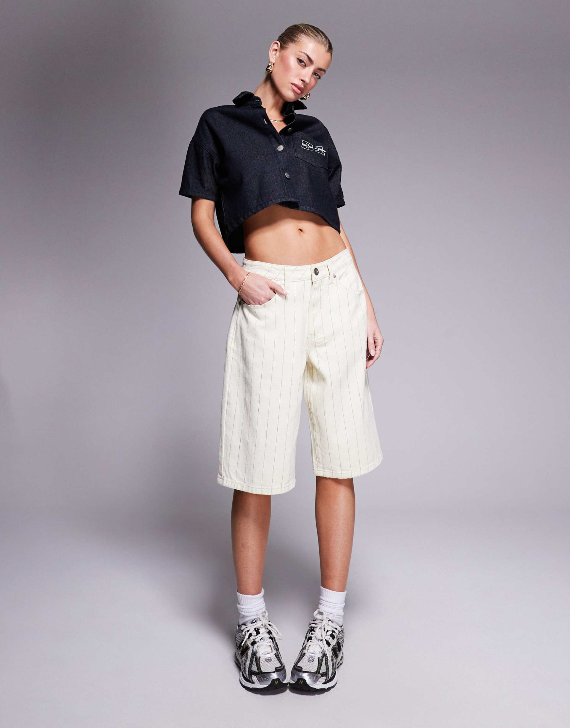 liquor n poker ecru denim pinstripe jorts in cream