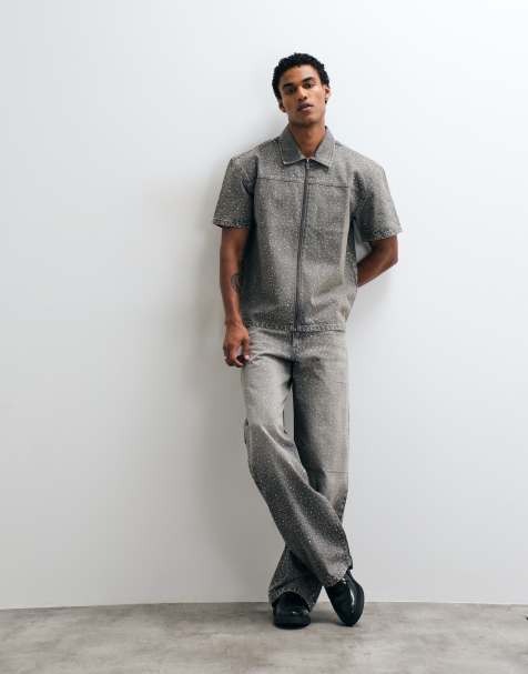 Liquor N Poker embellished zip through shirt and baggy jeans in grey - view 1