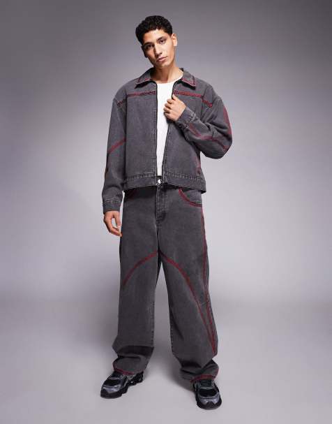 Liquor N Poker embroidery detail baggy baseball jeans co-ord in black