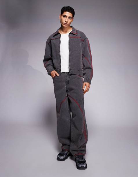 Liquor N Poker embroidery detail oversized baseball jacket & jeans set in black - view 1