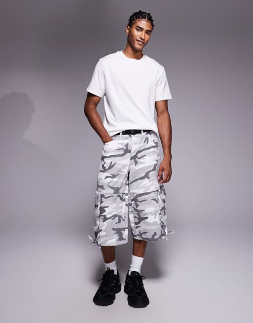 Liquor N Poker exra baggy denim jorts in grey camo
